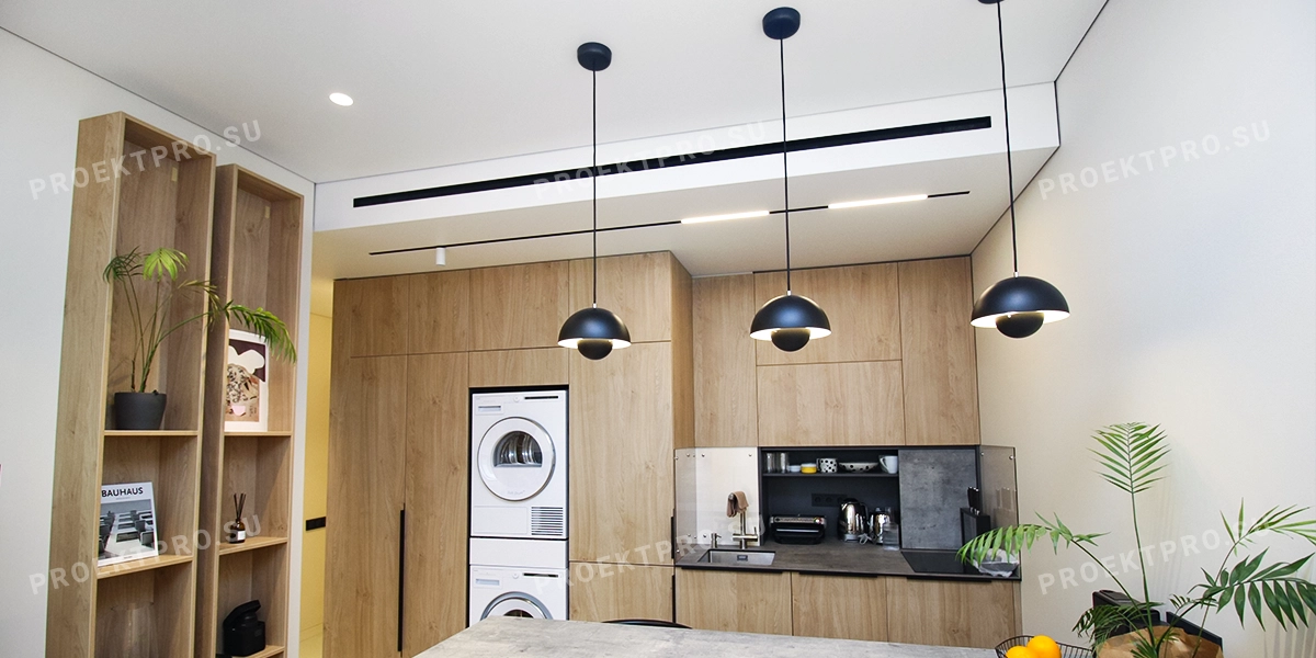 В натяжной потолок можно встроить кухонную вытяжку